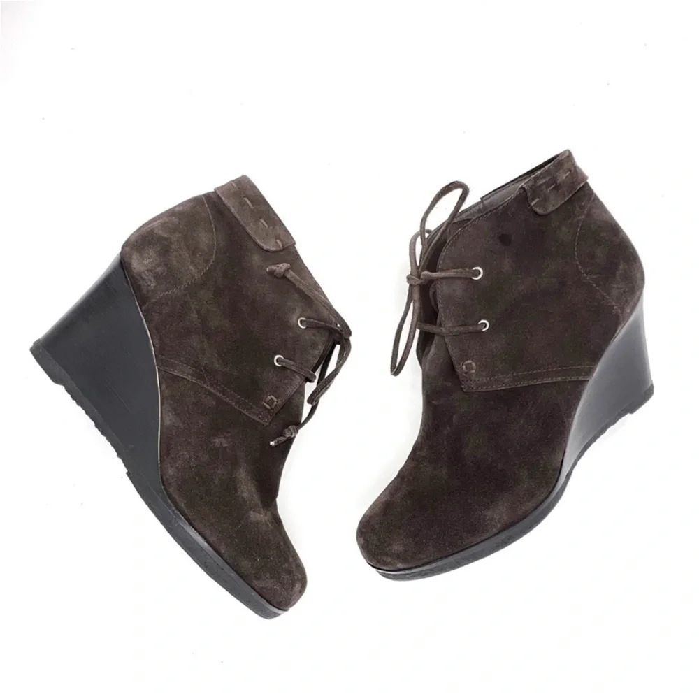 Via Spiga Mirren Ankle Boots Olive Brown Suede Wedge Heel Laced Women’s Size 8.5